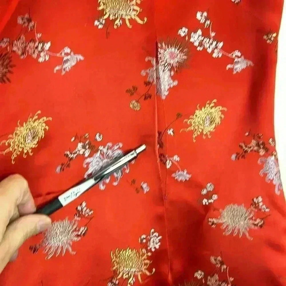 Vintage Silky Red  Cheongsam Maxi Dress with Side Slit - Picture 7 of 17